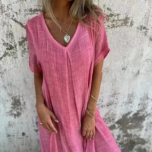 Robe femme ample coton lin col V manches courtes – décontractée été