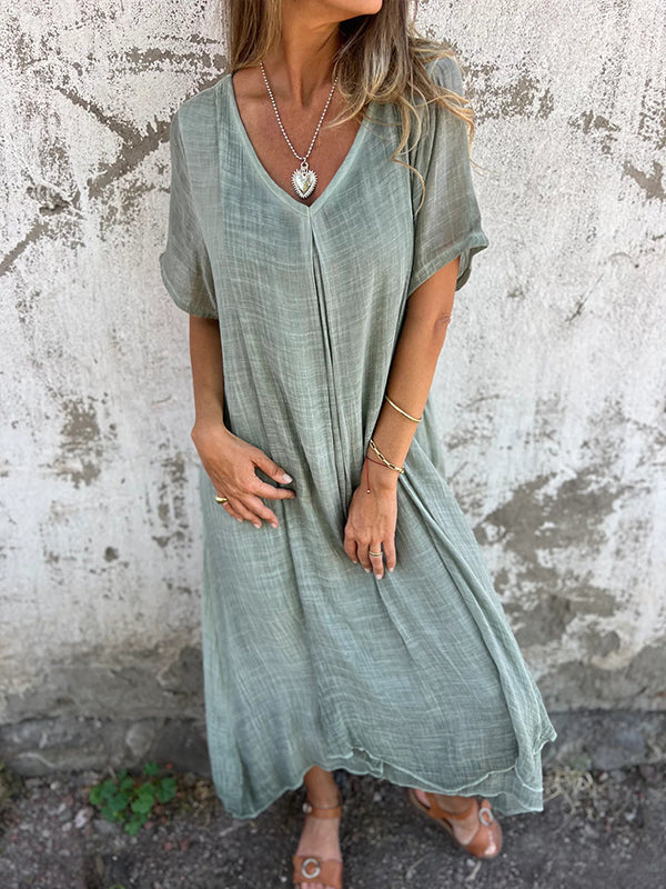 Robe femme ample coton lin col V manches courtes – décontractée été