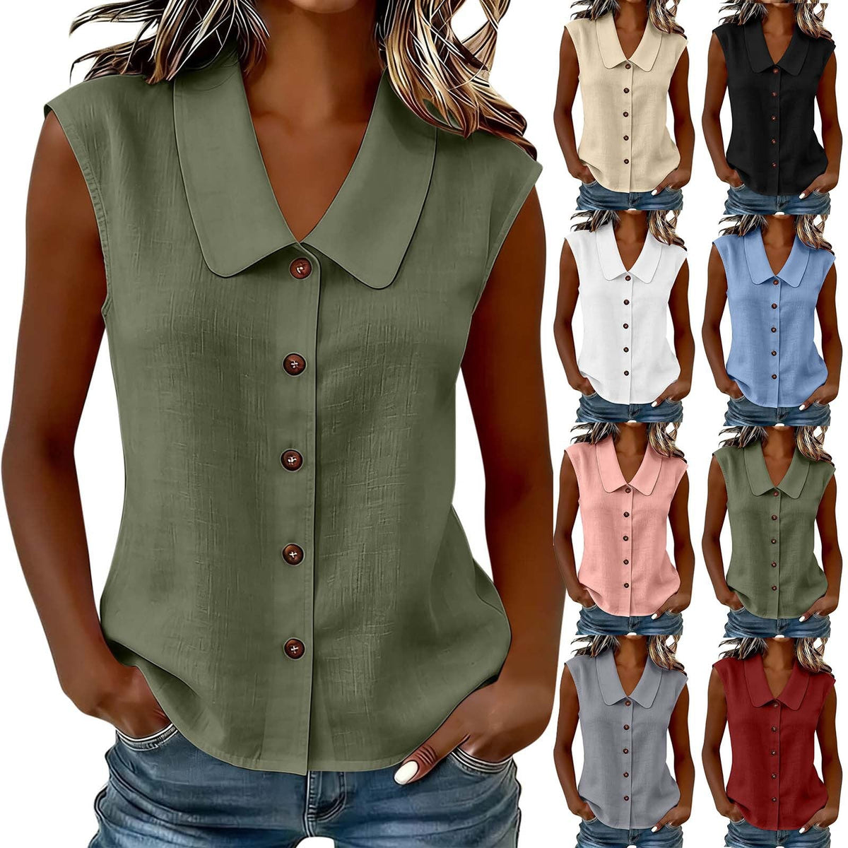 🔥-50%👚 Chemise Femme Boutonnée Col V – Sans Manches Tissu Léger Coupe Décontractée🤍pour un look décontracté chic au quotidien