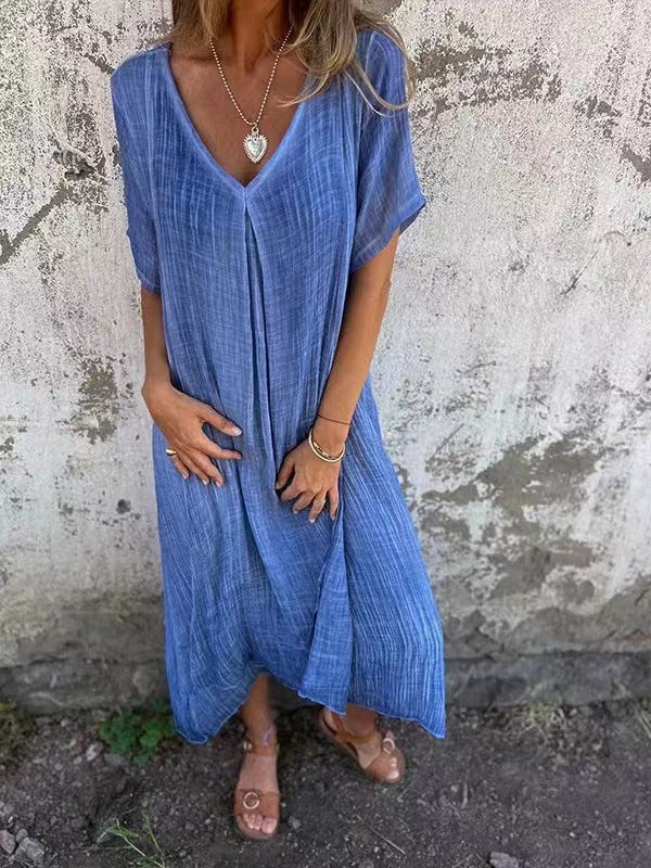 Robe femme ample coton lin col V manches courtes – décontractée été