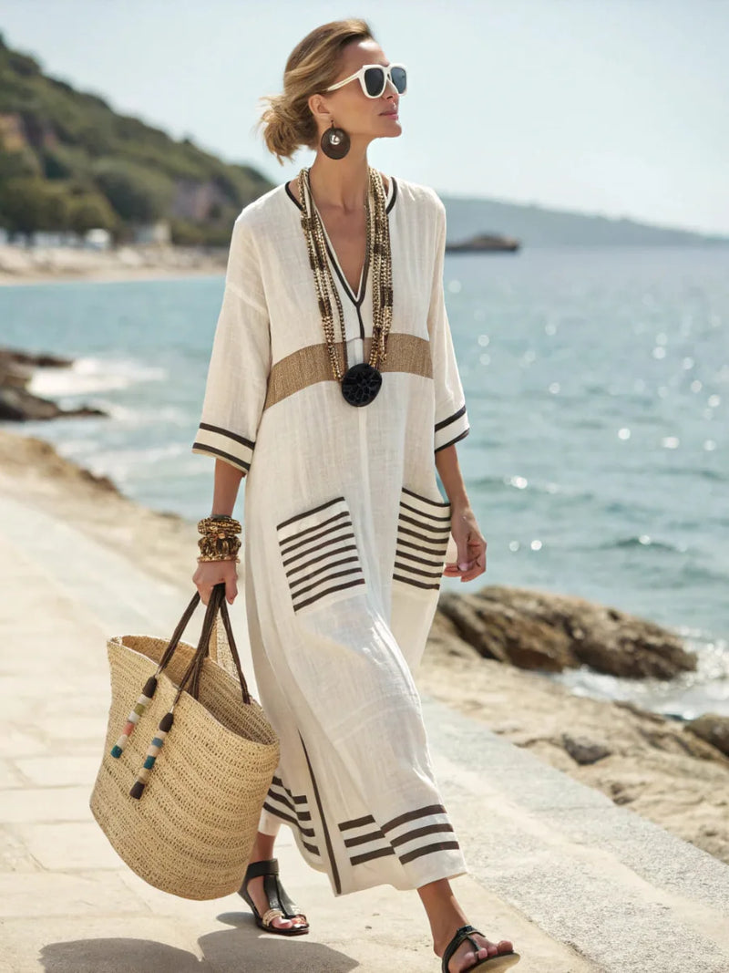 Robe Maxi Kaftan Lin Col V Rayures Contrastées Ample
