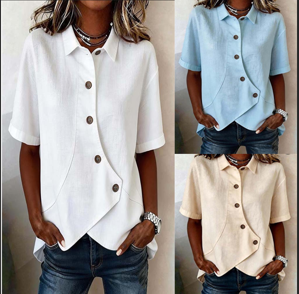 Chemise asymétrique à manches courtes boutonnée pour femme