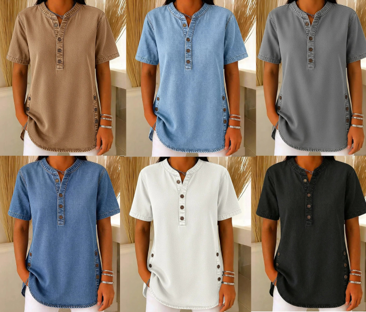 Haut décontracté effet denim femme, manches courtes, respirant, avec boutons décoratifs, coupe fluide👕