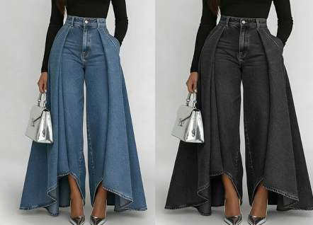 👖 Jean femme taille haute à jambes larges et ourlet asymétrique – look moderne, flatteur et facile à assortir
