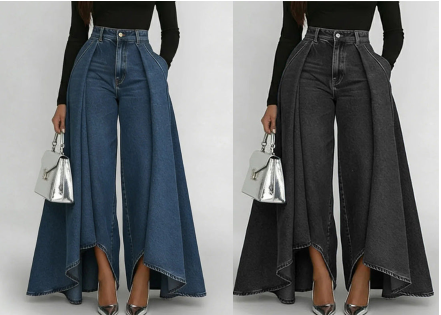 👖 Jean femme taille haute à jambes larges et ourlet asymétrique – look moderne, flatteur et facile à assortir