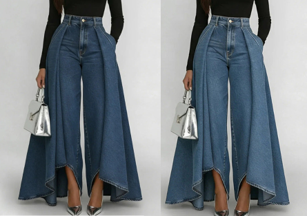 👖 Jean femme taille haute à jambes larges et ourlet asymétrique – look moderne, flatteur et facile à assortir