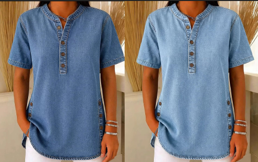 Haut décontracté effet denim femme, manches courtes, respirant, avec boutons décoratifs, coupe fluide👕