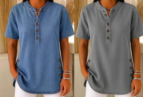 Haut décontracté effet denim femme, manches courtes, respirant, avec boutons décoratifs, coupe fluide👕