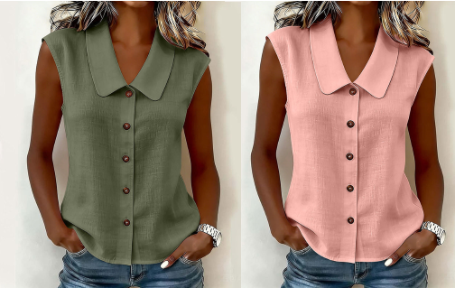 🔥-50%👚 Chemise Femme Boutonnée Col V – Sans Manches Tissu Léger Coupe Décontractée🤍pour un look décontracté chic au quotidien