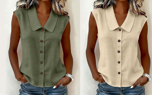 🔥-50%👚 Chemise Femme Boutonnée Col V – Sans Manches Tissu Léger Coupe Décontractée🤍pour un look décontracté chic au quotidien