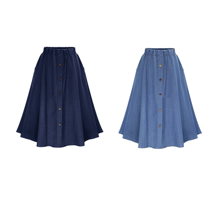 💞 Jupe midi en denim stretch taille haute pour femme, avec poches et plis fluides