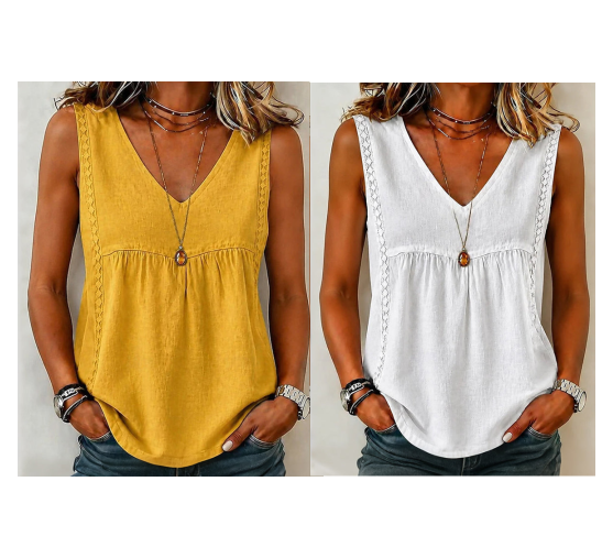 🔥-55%👚 Haut Femme Sans Manches Col en V – Maille Ajourée Douce et Décontractée