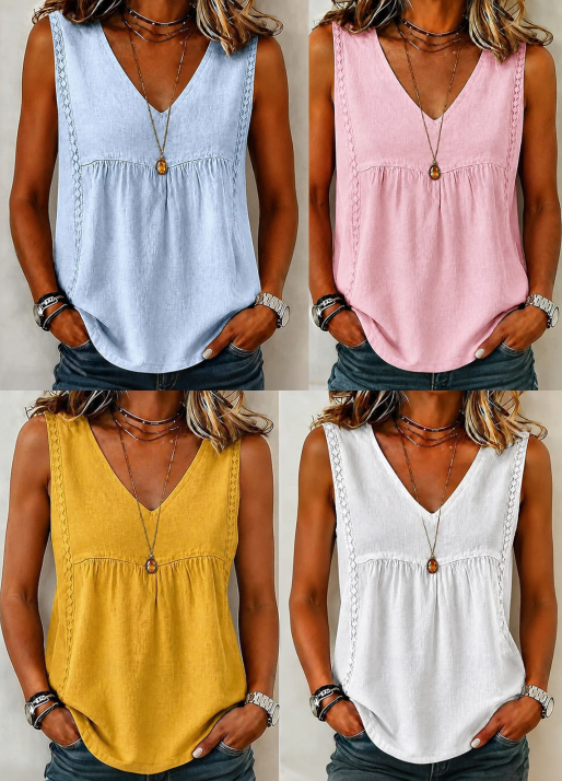🔥-55%👚 Haut Femme Sans Manches Col en V – Maille Ajourée Douce et Décontractée