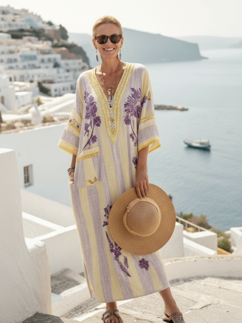 Aurelia — Robe Longue Col V Manches Mi-Longues Rayée Fleurie