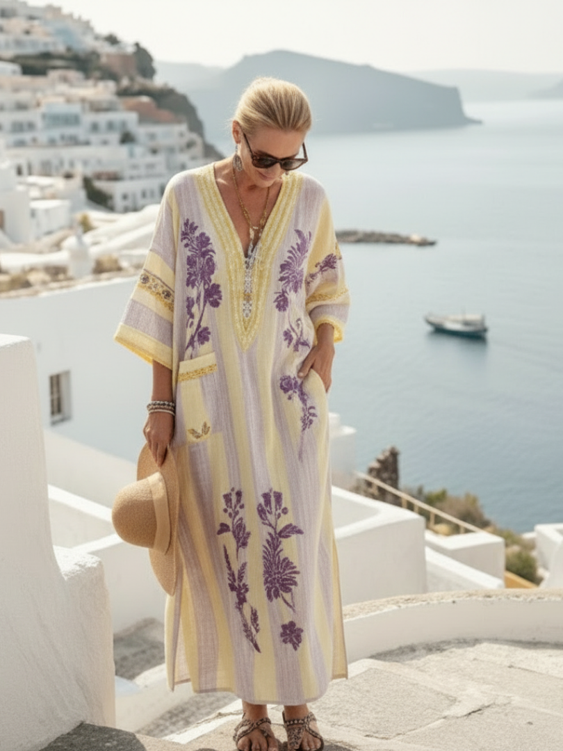 Aurelia — Robe Longue Col V Manches Mi-Longues Rayée Fleurie