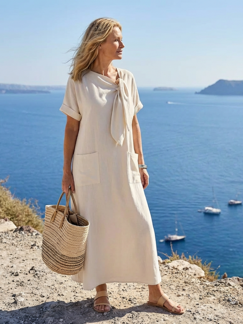 Elowyn — Robe Longue Col Rond Manches Courtes à Poches