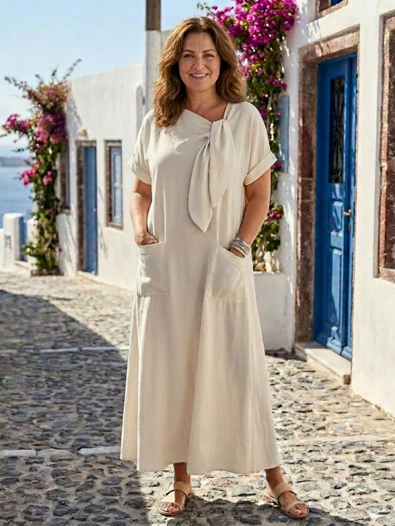 Elowyn — Robe Longue Col Rond Manches Courtes à Poches