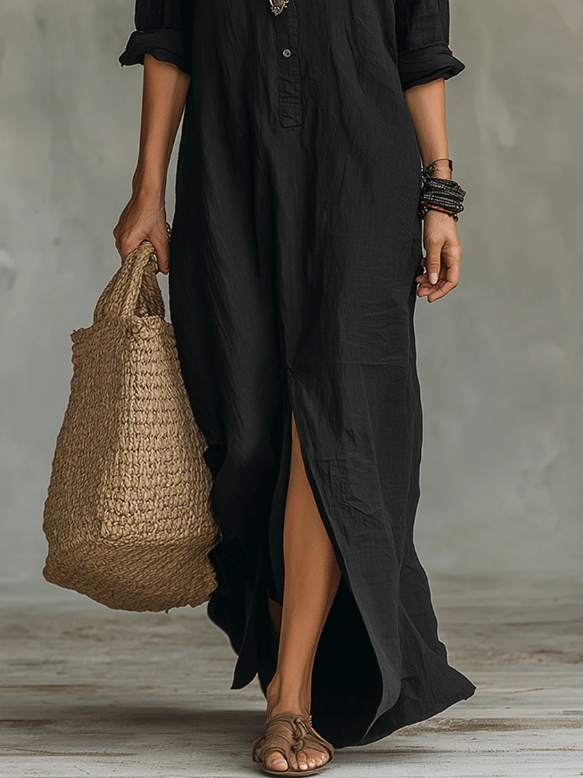 Robe Femme Longue Fluide Boutonnée Col Chemise Élégance