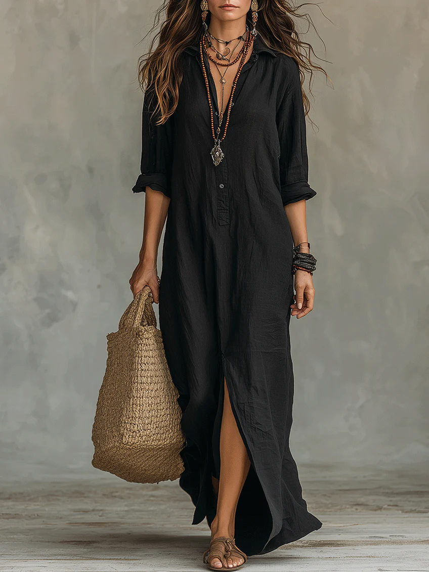 Robe Femme Longue Fluide Boutonnée Col Chemise Élégance