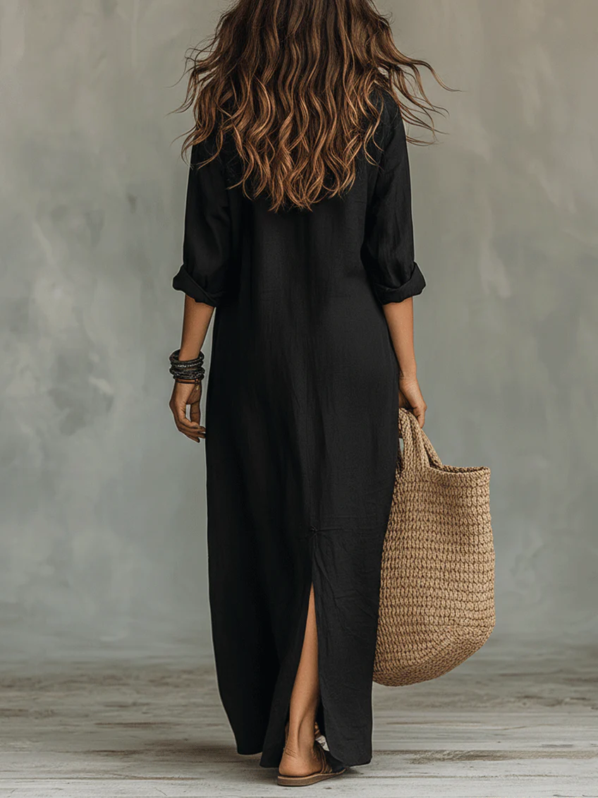 Robe Femme Longue Fluide Boutonnée Col Chemise Élégance