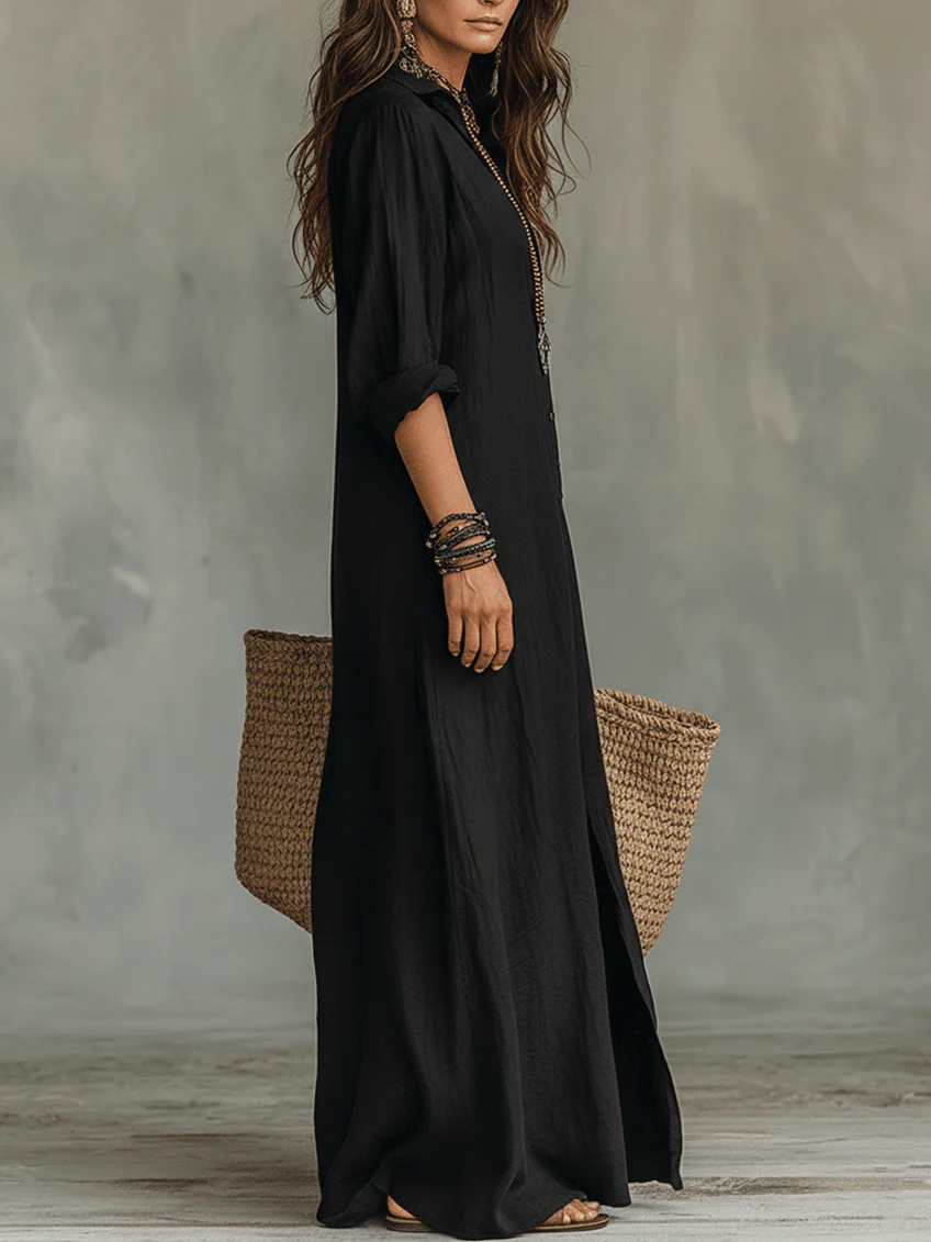 Robe Femme Longue Fluide Boutonnée Col Chemise Élégance