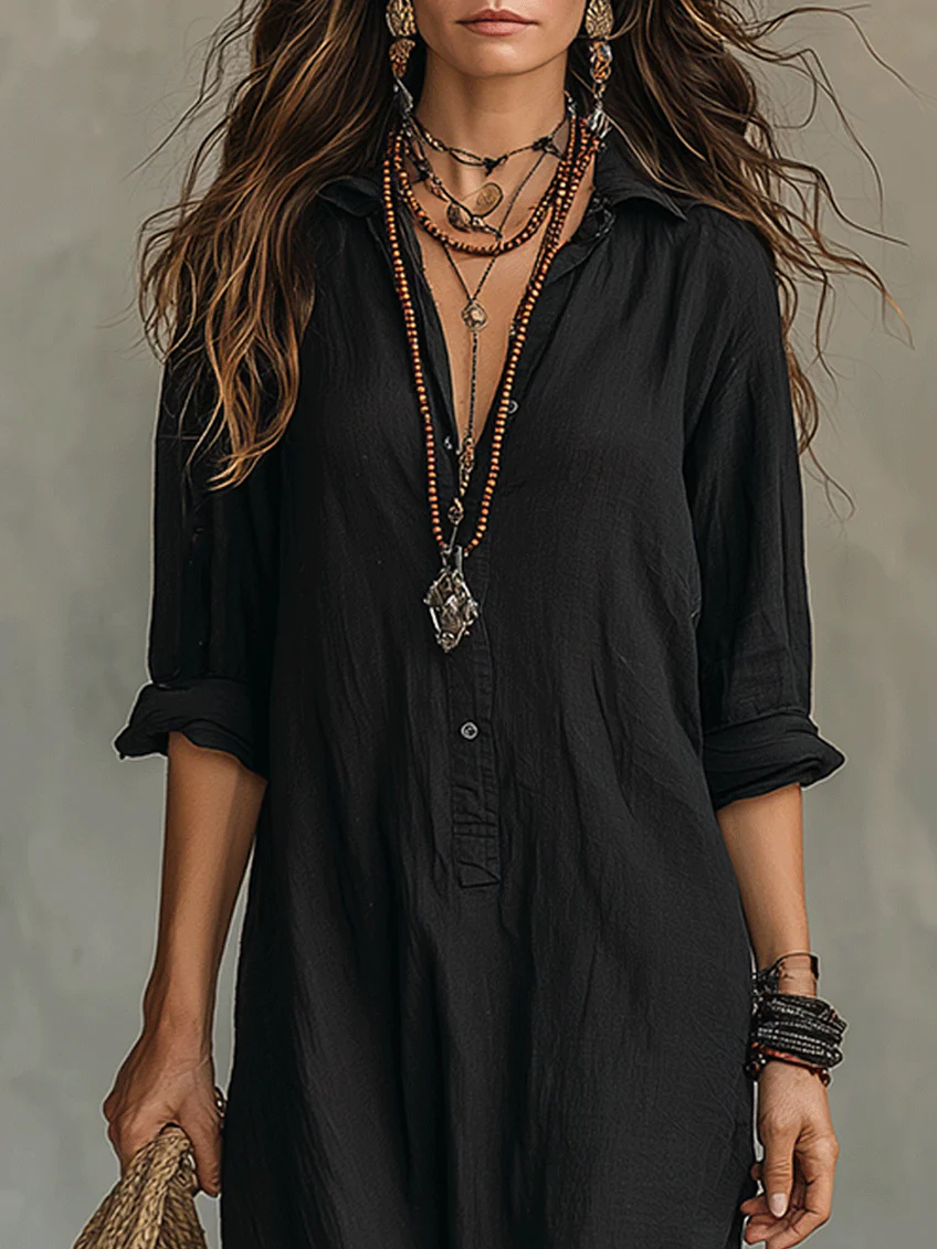 Robe Femme Longue Fluide Boutonnée Col Chemise Élégance