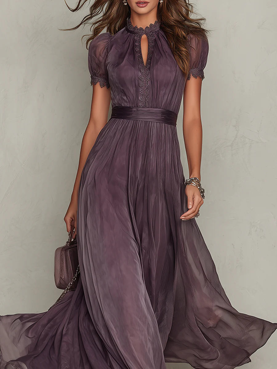 Robe Longue Femme Fluide en Chiffon Col Goutte Dentelle Coupe Élégante