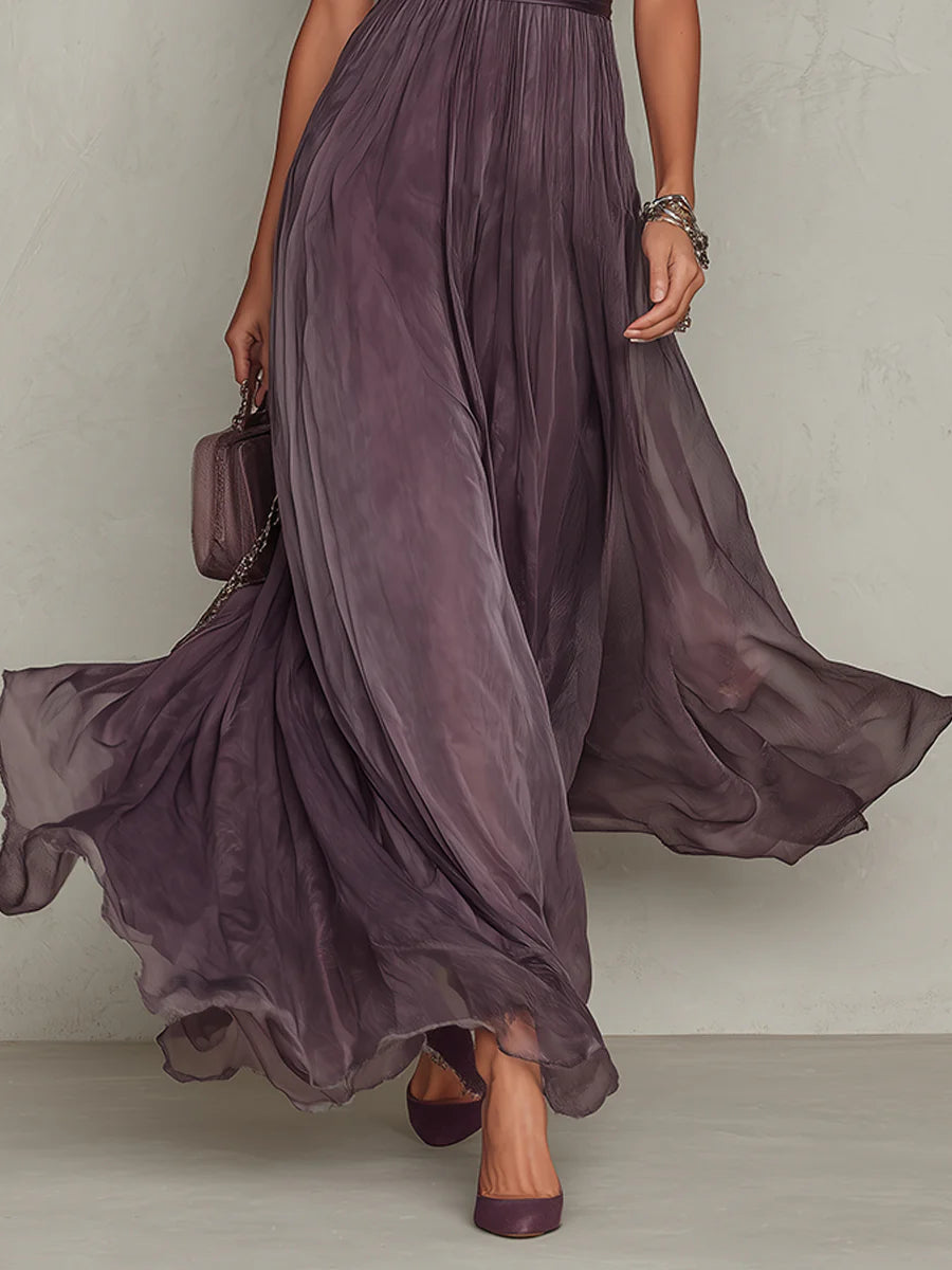 Robe Longue Femme Fluide en Chiffon Col Goutte Dentelle Coupe Élégante