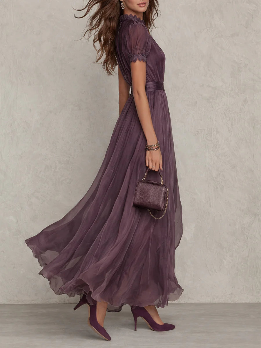 Robe Longue Femme Fluide en Chiffon Col Goutte Dentelle Coupe Élégante