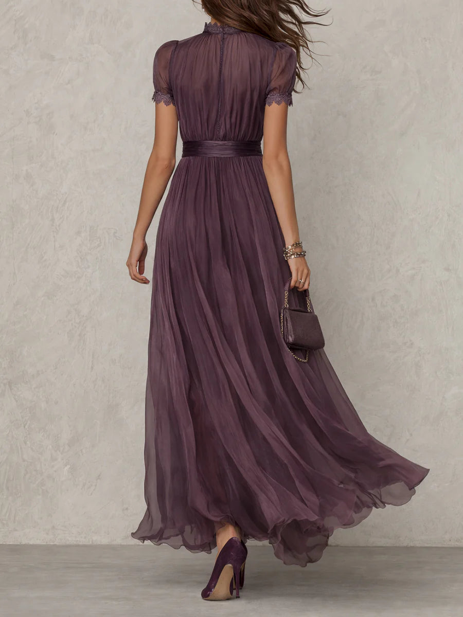 Robe Longue Femme Fluide en Chiffon Col Goutte Dentelle Coupe Élégante