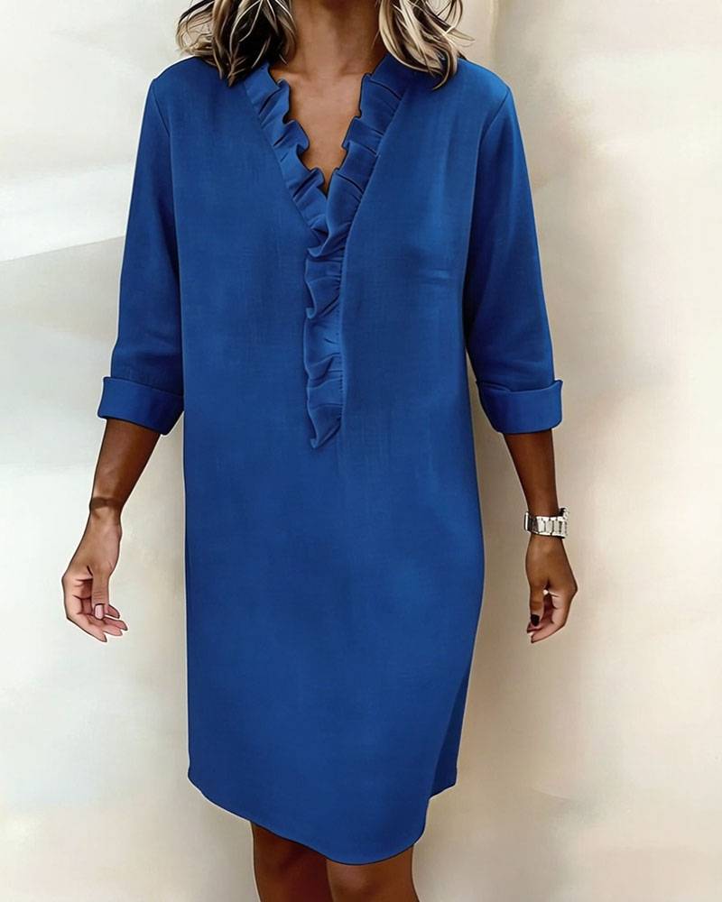 Robe Femme Col V Volants Coupe Droite Chic Décontractée