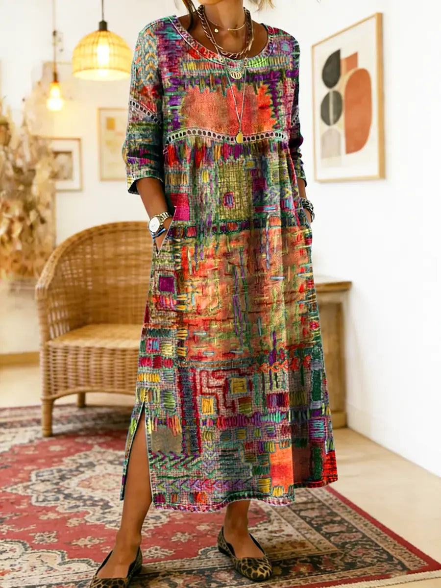 Robe Femme Denim Fluide Patchwork Ethnique pour Style Bohème et Élégant Quotidien