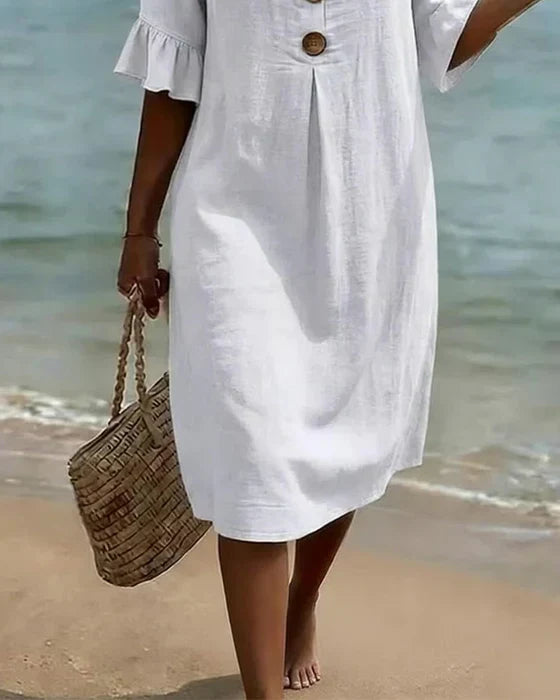 Robe Femme Coton Lin Boutonnée Manches Volantées Style Estival