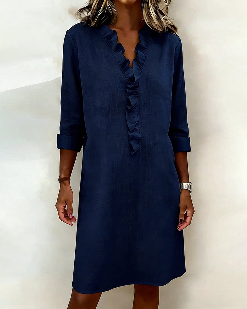 Robe Femme Col V Volants Coupe Droite Chic Décontractée