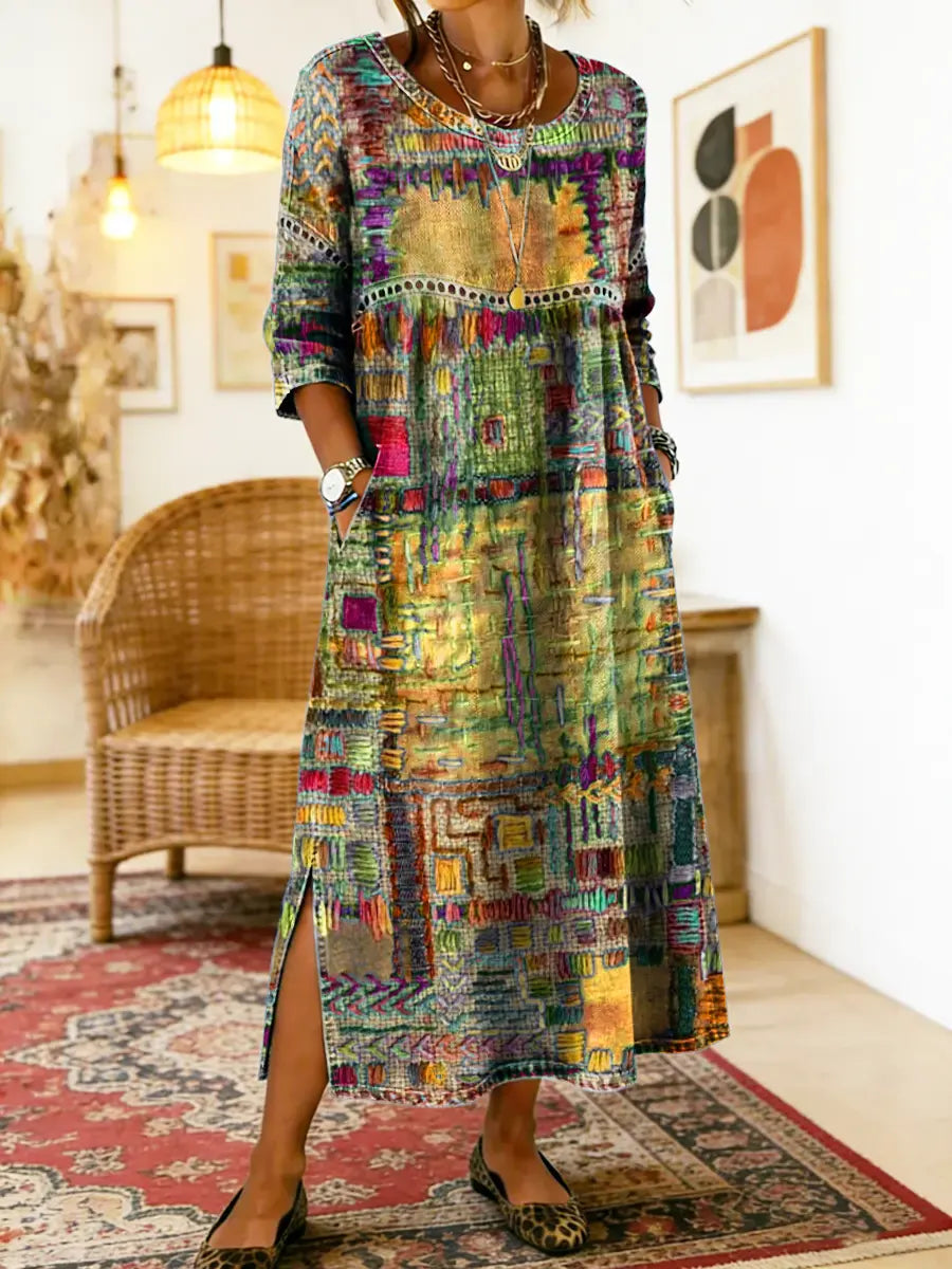 Robe Femme Denim Fluide Patchwork Ethnique pour Style Bohème et Élégant Quotidien