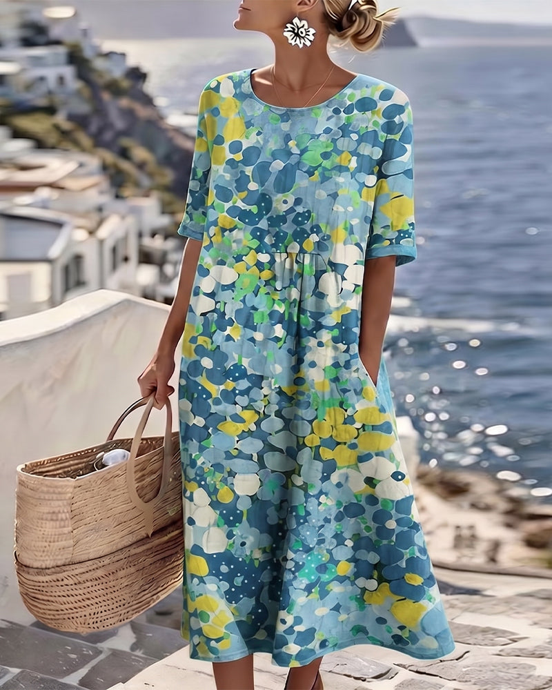 Robe Midi Femme Coton Lin Imprimé Floral Abstrait Poches Manches Courtes