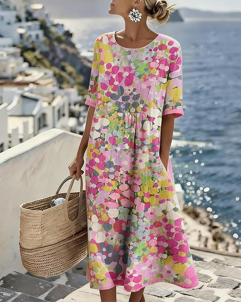Robe Midi Femme Coton Lin Imprimé Floral Abstrait Poches Manches Courtes