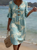 Robe Femme Coton Lin Imprimé Floral Manches Volantées Style Estival