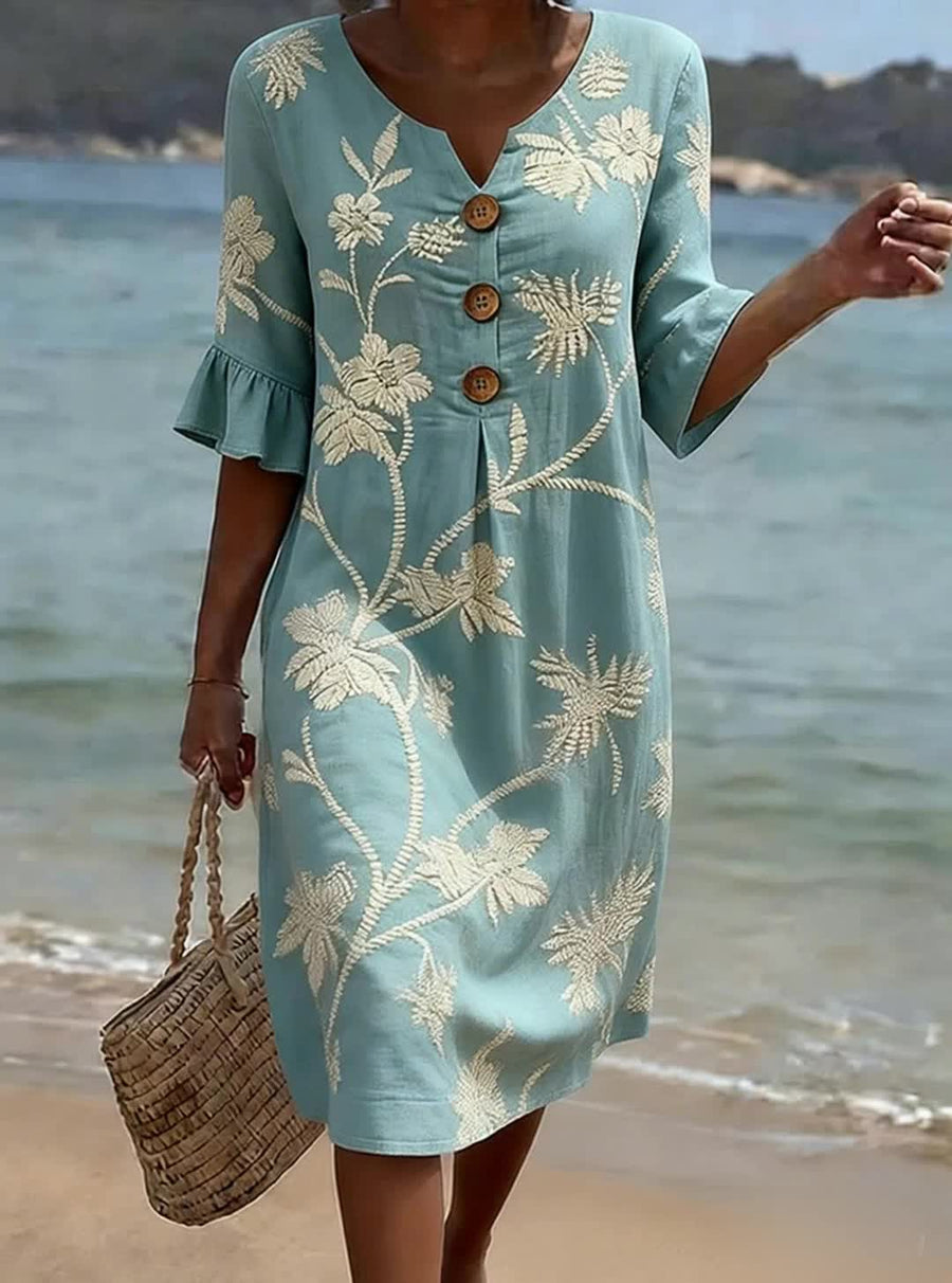 Robe Femme Coton Lin Imprimé Floral Manches Volantées Style Estival