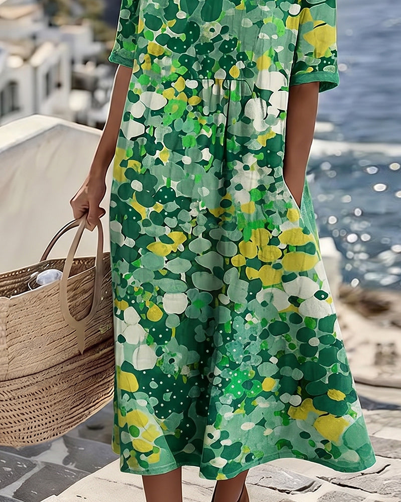 Robe Midi Femme Coton Lin Imprimé Floral Abstrait Poches Manches Courtes