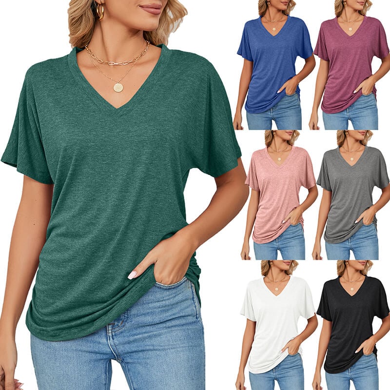 💕Soldes d'été🌷Tops pour dames à col en V, couleur unie, amples(🔥55 % de réduction)