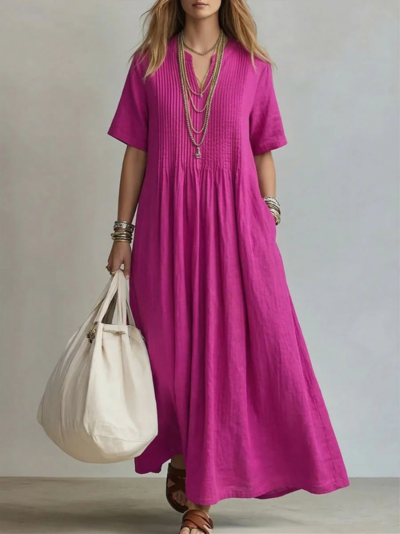 Robe Femme Maxi Fluide Col V Manches Courtes Coupe Élégante et Légère