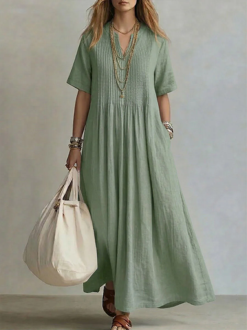 Robe Femme Maxi Fluide Col V Manches Courtes Coupe Élégante et Légère