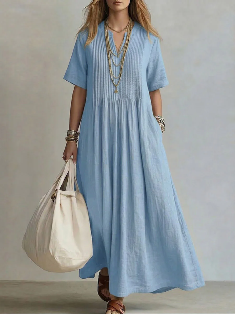 Robe Femme Maxi Fluide Col V Manches Courtes Coupe Élégante et Légère