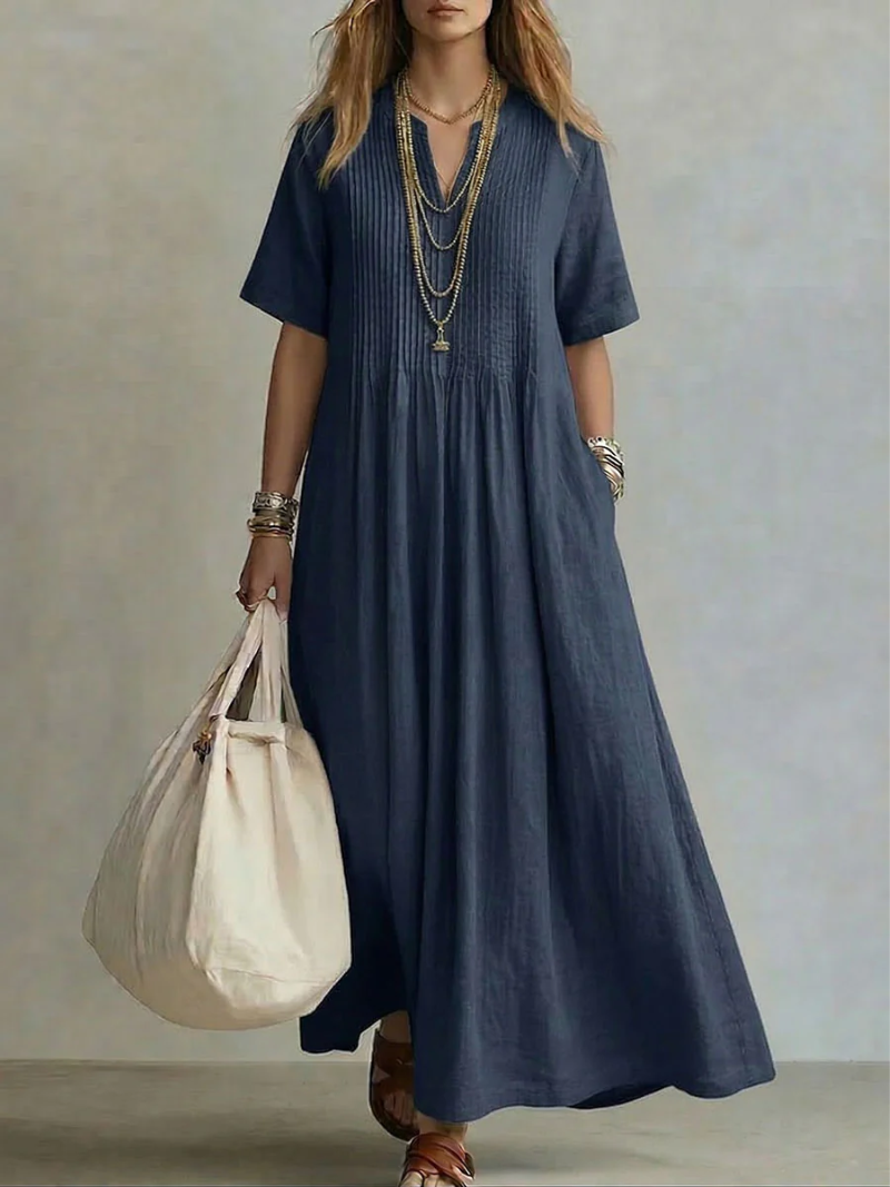 Robe Femme Maxi Fluide Col V Manches Courtes Coupe Élégante et Légère