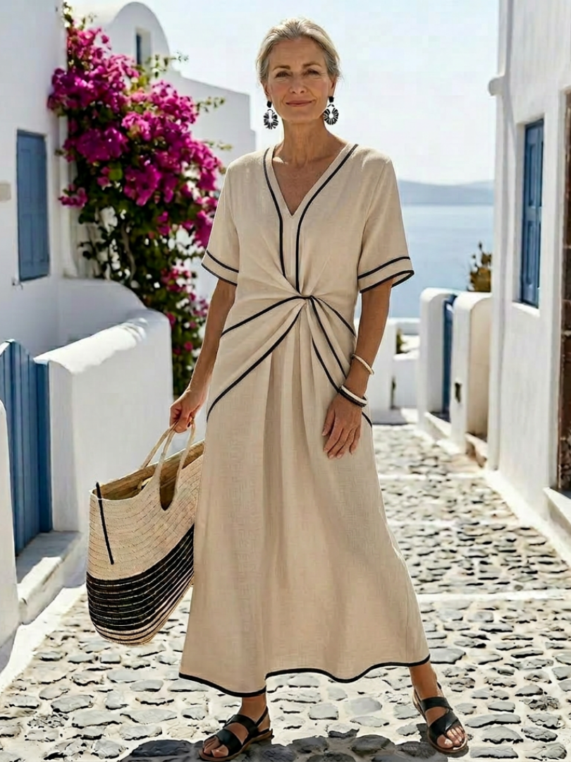 Linnea — Robe Mi-Longue Col V Manches Courtes Taille Froncée