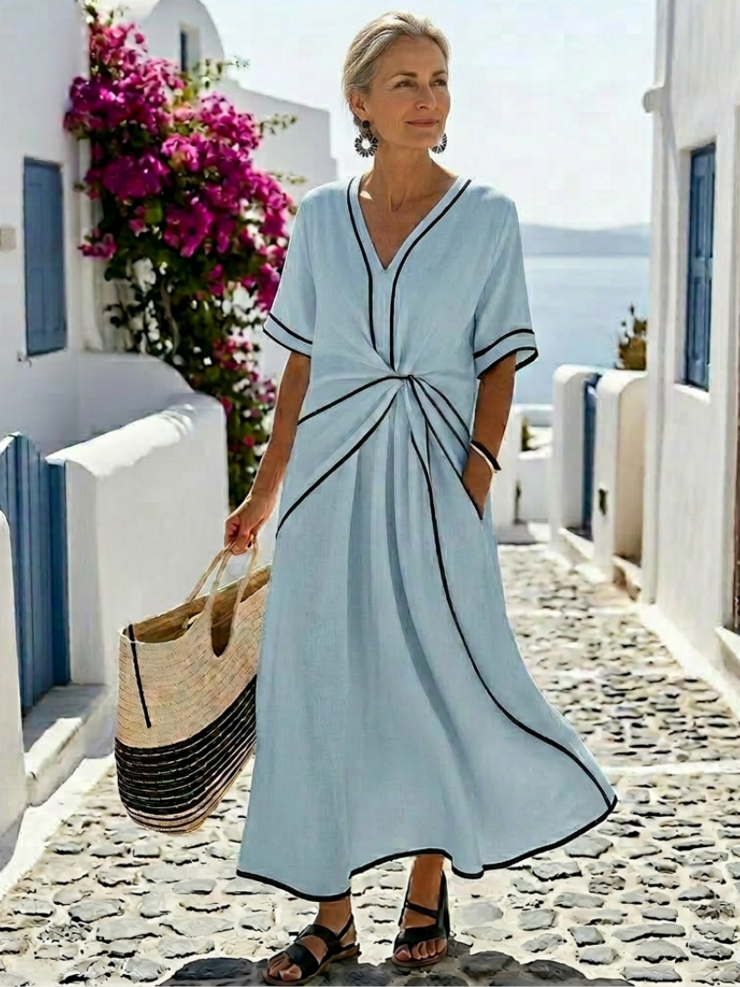 Linnea — Robe Mi-Longue Col V Manches Courtes Taille Froncée