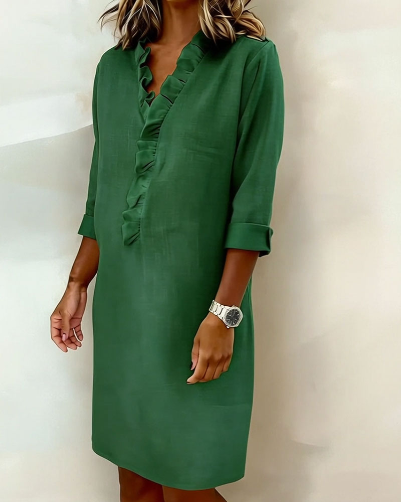 Robe Femme Col V Volants Coupe Droite Chic Décontractée