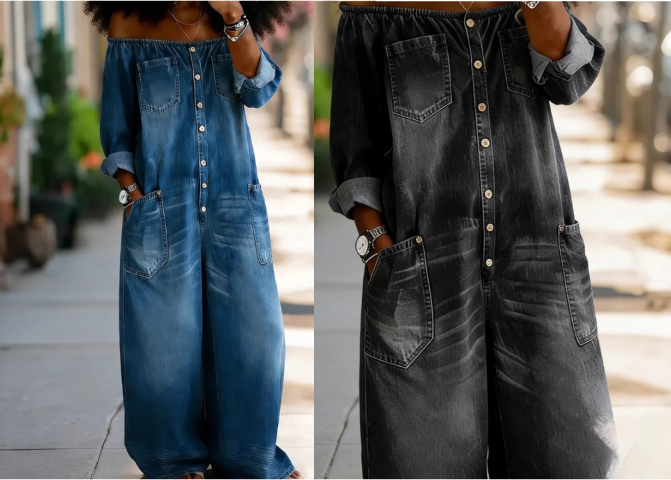 💐Combinaison en jean pour femme - Style rétro, épaules dénudées, jambes larges, coupe confortable 🔥👗