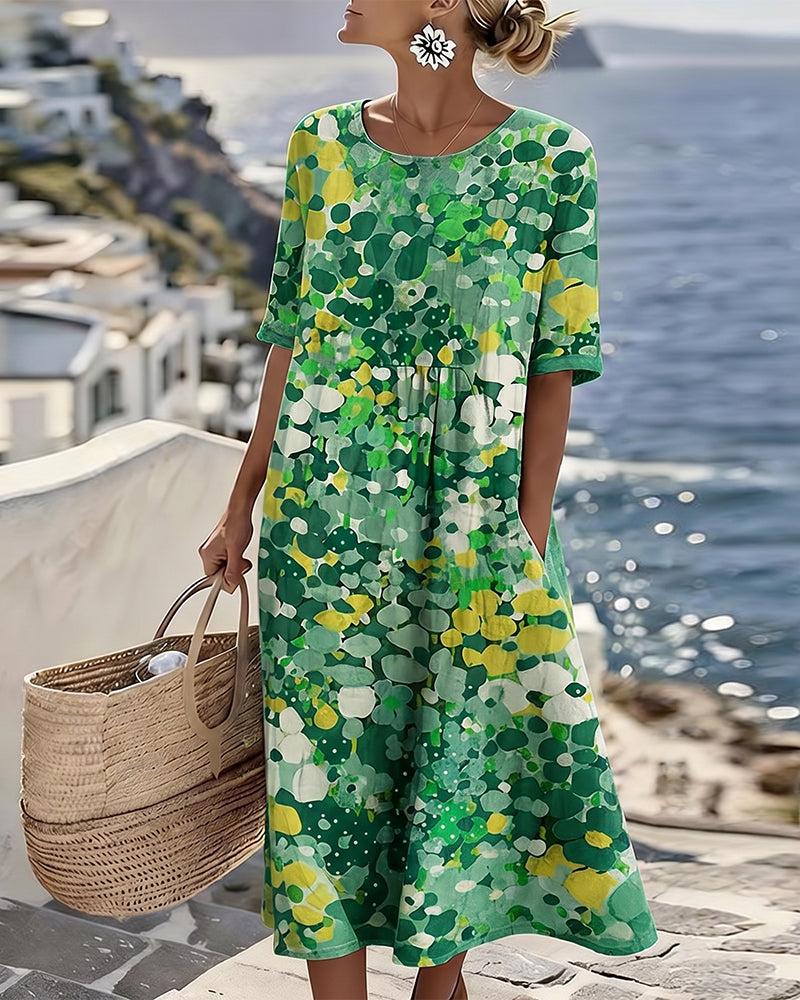 Robe Midi Femme Coton Lin Imprimé Floral Abstrait Poches Manches Courtes